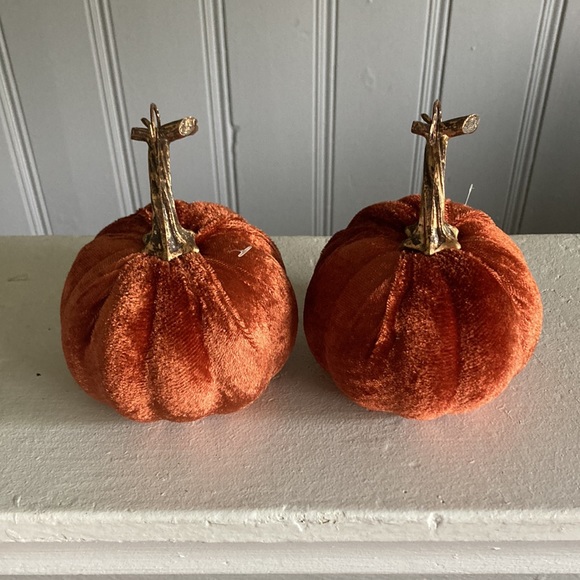 Set of 2- Beautiful Orange Velvet Pumpkins- Fall Holiday Decorations - Picture 12 of 17